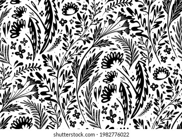 Seamless black silhouette of natural pattern with herbs and flowers of the fields. Wallpaper with prints pf dandelions, wormwood, fennel and buttercups. Fabric with plants. Vector background