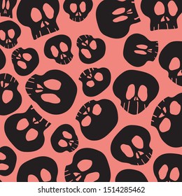 Seamless Black Skulls Coral Background Vector Pattern
