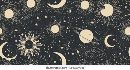 Seamless black space pattern with sun, crescent and stars on a blue background. Mystical ornament of the night sky for wallpaper, fabric, astrology, fortune telling. Vector illustration