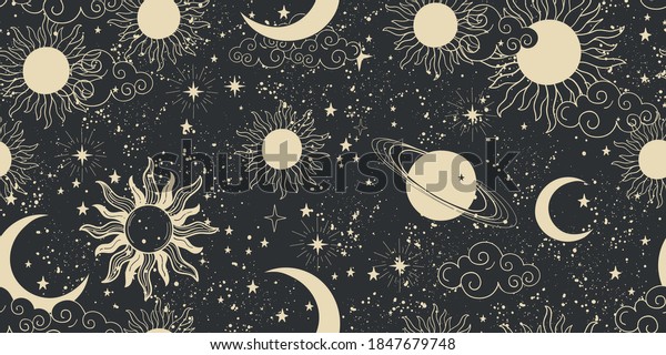 Seamless Black Space Pattern Sun Crescent Stock Vector (Royalty Free ...