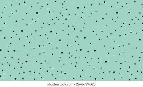 Seamless black star pattern on mint green background. Cute celestial vector design for kids fabric, nursery wallpaper, party wrapping paper, scrapbooking, or digital projects.