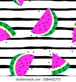 Seamless black stripes pattern with watermelon slice background. vector fashion summer tropical fruits background.