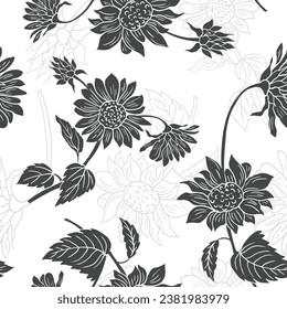 seamless black sunflower drawing pattern on white background, sunflower flowers in monochrome colors, ornament for wallpaper and fabrics, scrapbooking, textile.

