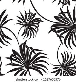 seamless black tropical leaf pattern for a background with a white background