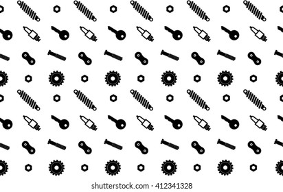 Seamless black vector car motorcycle pattern of gears, bolts, springs, screws, spark plugs and keys on white background