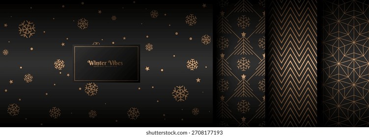 Conjunto de patrón de oro de invierno de Navidades de Vector negro sin costuras. Nevada de lujo, árbol de Navidad lineal, zig zag, papel de envoltura de estrella lineal, colección de relleno de página de Web sin fin. Nieve caída Textura del año Nuevo
