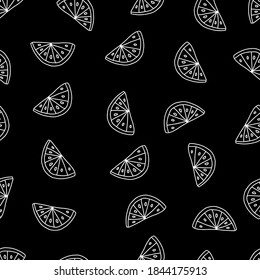 Seamless black Vector outline pattern of slices fresh lemon isolated on a white background