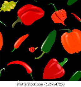 Seamless black vector pattern with various pepper types