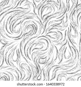Seamless black vector texture of smooth flowing lines or splashes. Abstract background of flowing waves drawn in chalk or charcoal isolated on a white background