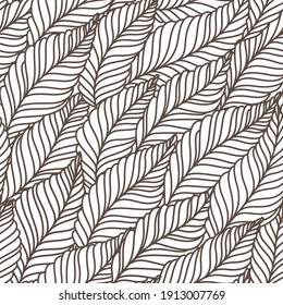 seamless black and white abstract background with leaves drawn by thin lines