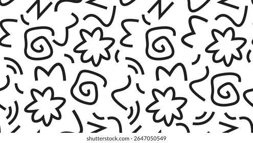 Seamless black and white abstract doodle pattern with playful shapes and bold lines. Perfect for backgrounds, packaging, or creative branding. A fun and minimalist graphic design 