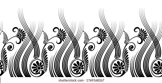 Seamless black and white abstract floral border in wavy style