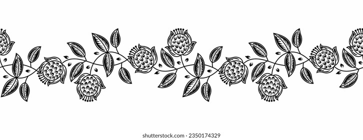 Seamless black and white abstract floral vine