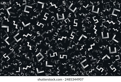 Seamless black and white abstract geometric pattern on black background. Complex alphabet design. Back to school theme