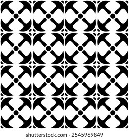 Seamless black and white abstract geometric pattern, consisting of repeating symmetrical shapes. Suitable for backgrounds, wallpapers, textile designs, prints, decorative projects, etc.