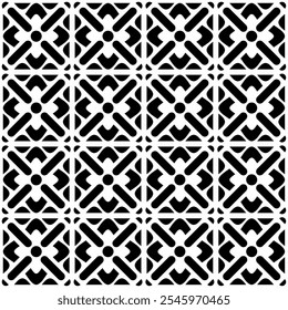 Seamless black and white abstract geometric pattern, consisting of repeating symmetrical shapes. Suitable for backgrounds, wallpapers, textile designs, prints, decorative projects, etc.