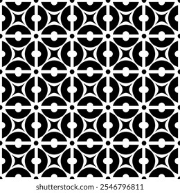 Seamless black and white abstract geometric pattern, consisting of repeating symmetrical shapes. Suitable for backgrounds, wallpapers, textile designs, prints, decorative projects, etc.