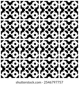 Padrão geométrico abstrato em preto e branco contínuo, consistindo em formas simétricas repetidas. Adequado para fundos, papéis de parede, desenhos têxteis, impressões, projetos decorativos, etc.