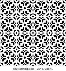 Seamless black and white abstract geometric pattern, consisting of repeating symmetrical shapes. Suitable for backgrounds, wallpapers, textile designs, prints, decorative projects, etc.