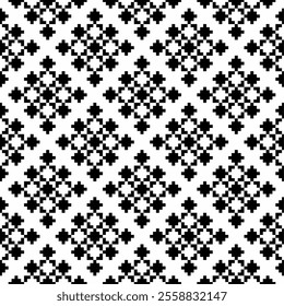 Seamless black and white abstract geometric pattern, featuring a symmetrical design with pixel-style motifs. Suitable for backgrounds, wallpapers, textiles, fabrics and various creative projects.