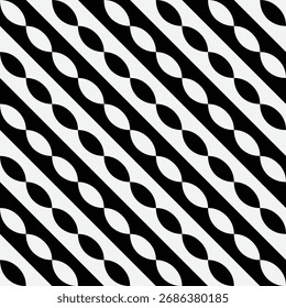 Seamless black and white abstract geometric pattern with diagonal stripes and oval shapes, perfect for textile, wallpaper, and background design.