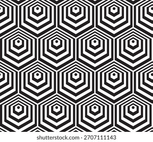 Un patrón geométrico abstracto en blanco y negro sin fisuras con Formas hexagonales concéntricas entrelazadas que crean una ilusión óptica