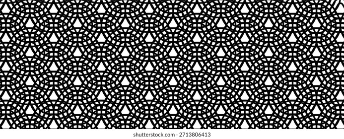 Padrão de retículo geométrico abstrato em preto e branco contínuo com linhas entrelaçadas e simetria repetitiva.