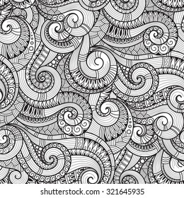 Seamless  black and white  abstract hand-drawn pattern, waves background. Doodle  Illustration Design 