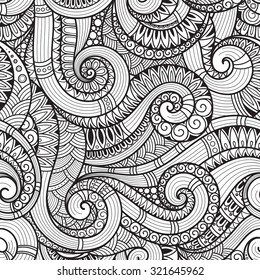 Seamless  black and white  abstract hand-drawn pattern, waves background. Doodle  Illustration Design 