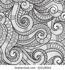 Seamless  black and white  abstract hand-drawn pattern, waves background. Doodle  Illustration Design 