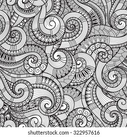 Seamless  black and white  abstract hand-drawn pattern, waves background. Doodle  Illustration Design 