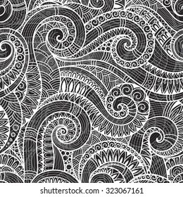 Seamless  black and white  abstract hand-drawn pattern, waves background. Doodle  Illustration Design 