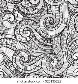 Seamless  black and white  abstract hand-drawn pattern, waves background. Doodle  Illustration Design 