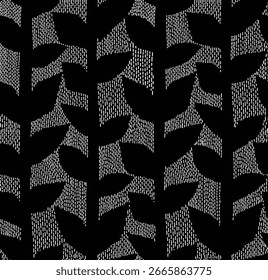 Padrão de folhas abstratas preto e branco contínuo com detalhes pontilhados texturizados, perfeito para tecidos, papéis de parede e fundos.