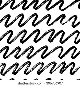 The seamless black and white abstract linear brush stoke pattern. The creative monochrome hand drawn background for your design. Textile, blog decoration, banner, poster, wrapping paper.