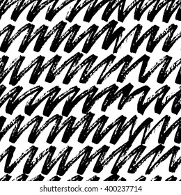 The seamless black and white abstract linear brush stoke pattern. The creative monochrome hand drawn background for your design. 