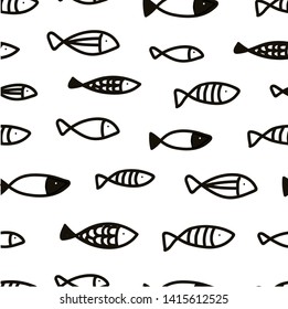 The seamless black and white abstract pattern with fish. The creative monochrome hand drawn background for your design. Textile, blog decoration, banner, poster, wrapping paper