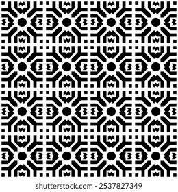 Seamless black and white abstract pattern consisting of geometric shapes in a grid layout. Suitable for backgrounds, textiles, wallpapers and various creative projects.
