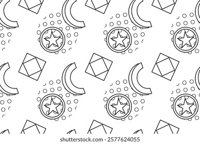 Seamless black and white abstract pattern with stars, crescents, squares, and dots, ideal for fun coloring activities.