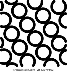 A seamless black and white abstract pattern featuring thick, circular, and semi circular lines arranged in a repetitive, overlapping design.