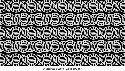 Um padrão abstrato em preto e branco transparente que apresenta elementos ovais repetitivos em forma de cadeia em um layout de grade.