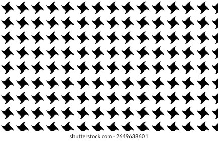 Padrão abstrato em preto e branco contínuo com formas geométricas giradas, ideal para têxteis, fundos, papéis de parede e projetos de design modernos que exigem alto contraste e simetria.