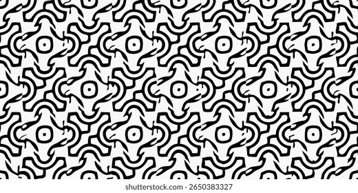 A seamless black and white abstract pattern featuring repeating organic shapes, stylized eye elements, and flowing, curved lines creating a dynamic visual.