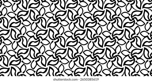 Um padrão abstrato preto e branco sem costura apresentando formas pétalas estilizadas e fluidas dispostas em um motivo floral repetitivo, orgânico e um pouco vertiginoso.