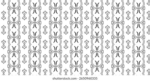 Seamless black and white abstract pattern featuring curved organic shapes and symmetrical design. Ideal for backgrounds, textiles, and digital projects. Keywords