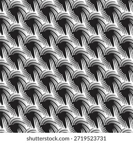 Seamless black and white abstract pattern featuring repetitive wave and feather shapes in a high-contrast geometric design.