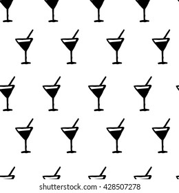 The seamless black and white abstract pattern with cocktails. The creative monochrome hand drawn background for your design. Textile, blog decoration, banner, poster, wrapping paper.
