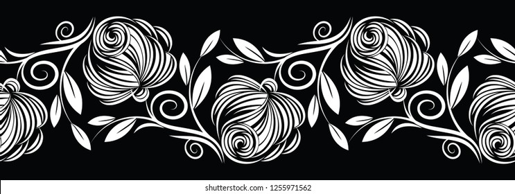 Seamless black and white abstract rose flower border