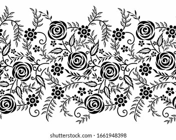 Diseño de borde de rosa abstracto sin fisuras en blanco y negro