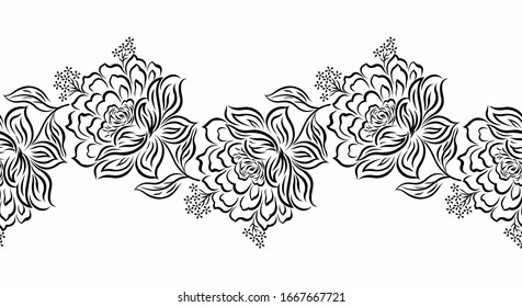 Seamless black and white abstract rose flower border